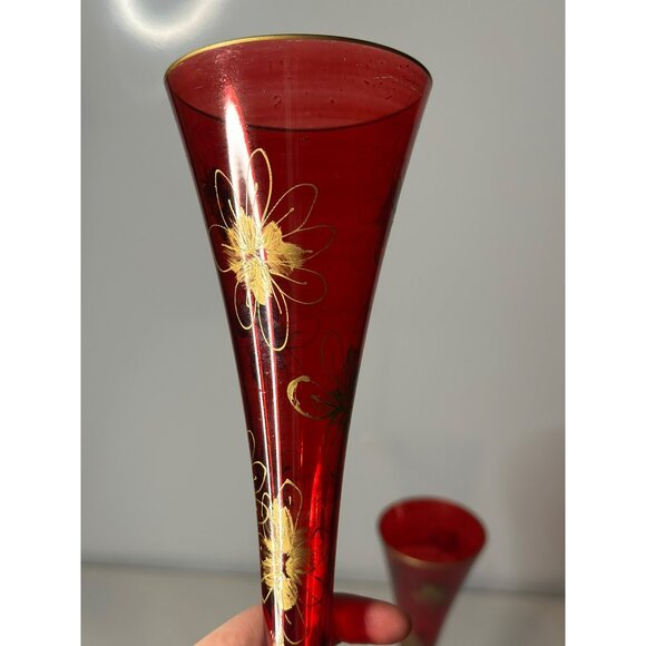 VTG Set Of 2 Cranberry Flashed Gold Floral Painted Bohemian Glass Flute Vases - Picture 4 of 9